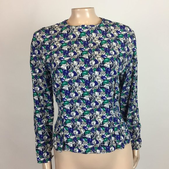 90s Rayon Top Tie Front Abstract Print Blouse Shirt Short Sleeves size Large 12